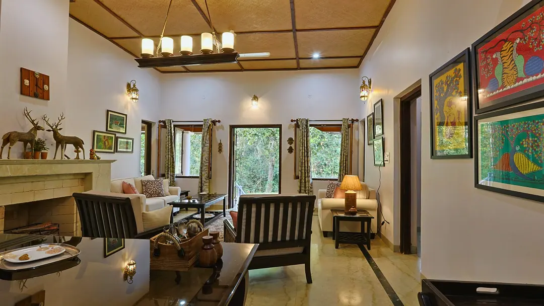 The Bungalow's living room and its fireplace