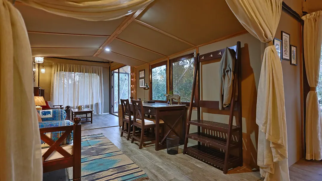 A writing desk and wardrobe inside the King's Tent