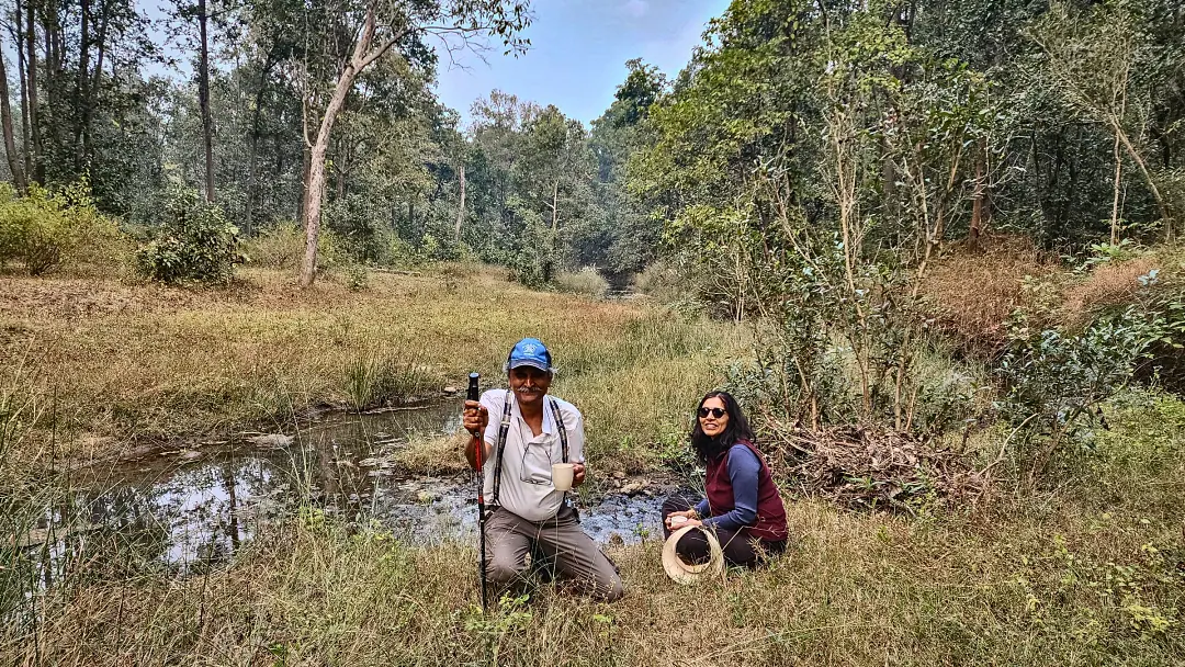 Two guests pausing for tea beside a stream